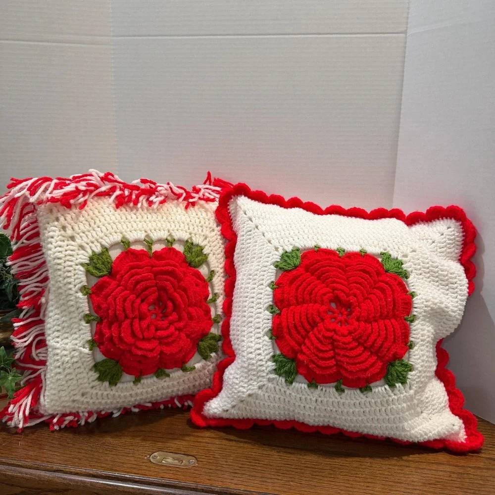 Vintage Handmade Crochet 3D‎ Rose Throw Pillows Set of 2 White & Red